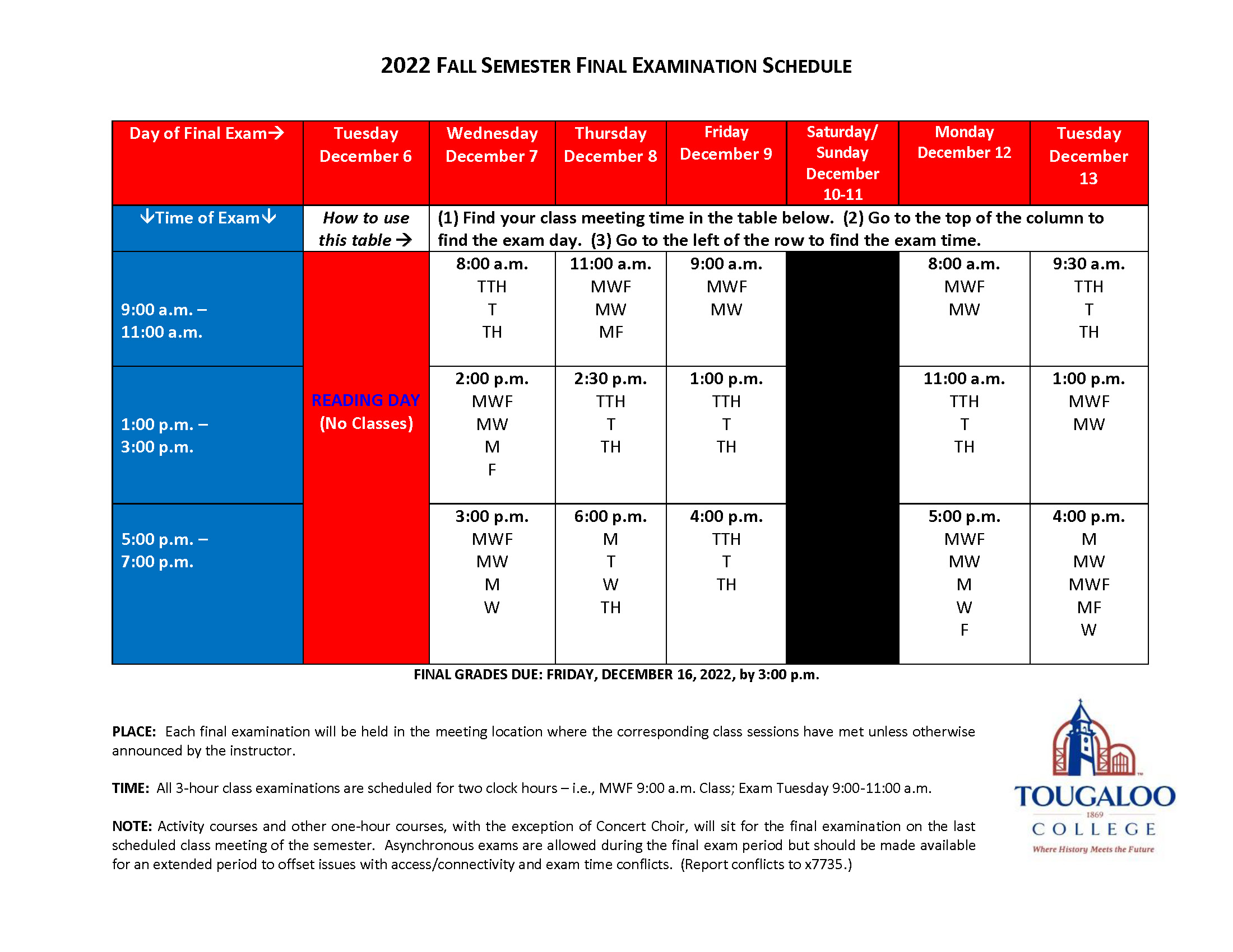 20222023 Fall Semester Final Examination Schedule Tougaloo College